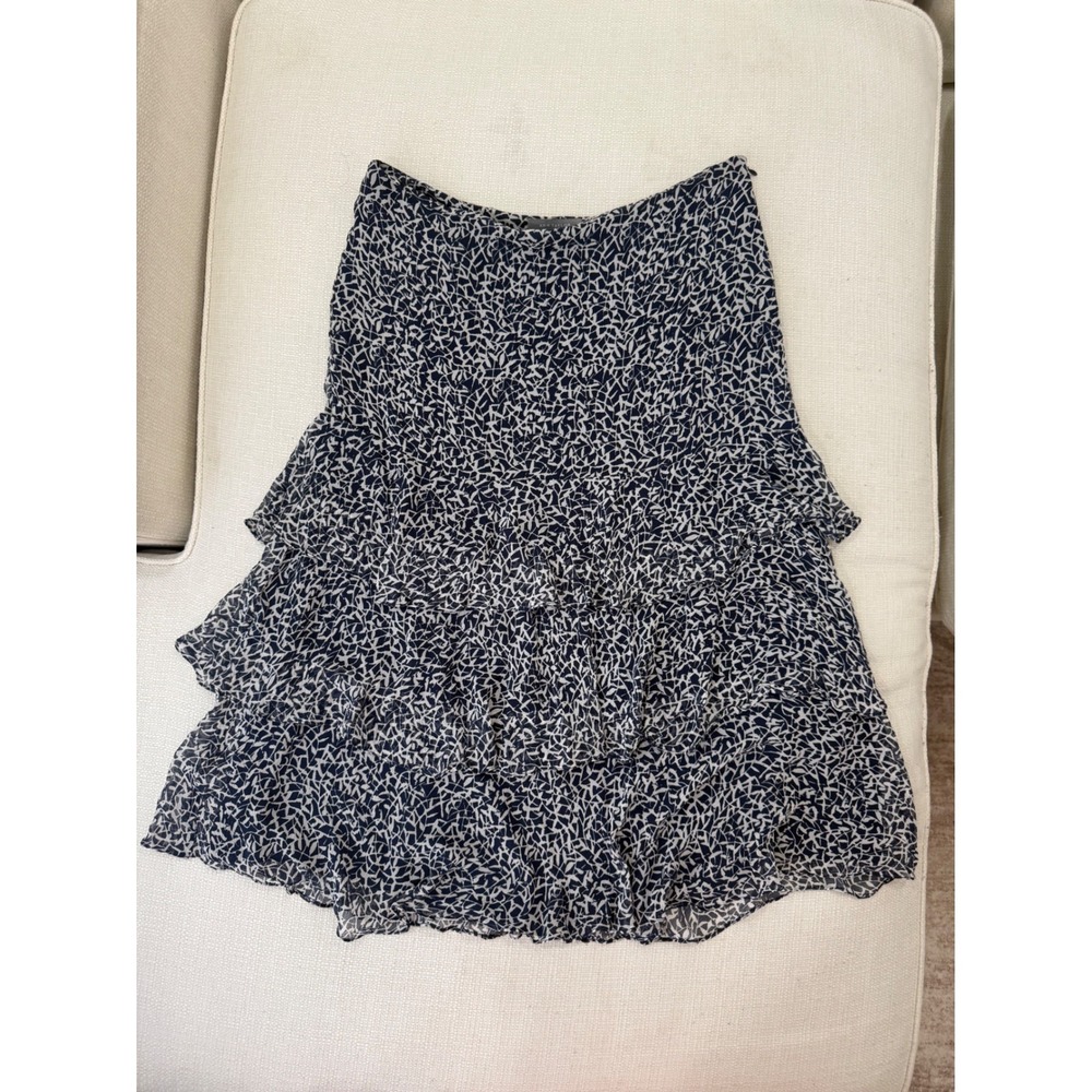 Ann Taylor Skirt Womens 12 Tiered Ruffle 100% Silk Navy Geometric Excellent